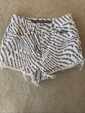 Alexander Wang White Denim Logo-Print Frayed Hem Shorts